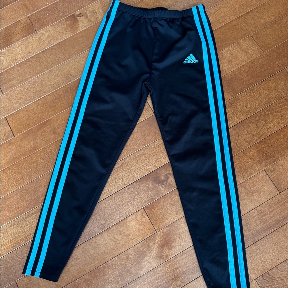 Adidas Girls Black Track Pants with Blue Stripes